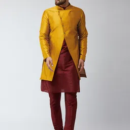 SOJANYA Men Maroon & Mustard Yellow Self Design Sherwani Set-image-47