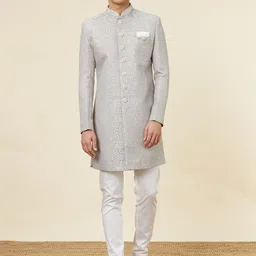 Manyavar Self Design Mandarin Collar Indo Western Sherwani Set-image-31