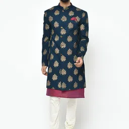 KISAH Men Teal Blue & Gold-Coloured Floral Printed Kurta Churidar Sherwani Set-picture-16