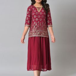 AURELIA Girls Maroon & Gold-Toned Printed Tunic-image-89