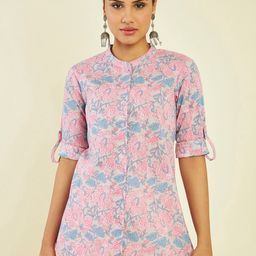 Soch Floral Printed Mandarin Collar Roll-Up Sleeves Cotton Tunic-image-4