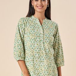 AKKRITI BY PANTALOONS Geometric Printed Mandarin Collar Cotton Top-picture-2