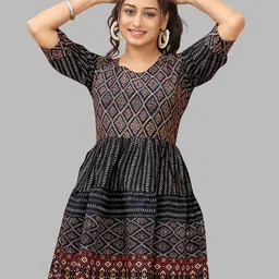 PEACH PIPER Geometric Printed Cotton Fit & Flare Dress-10