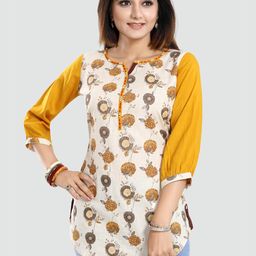 Saree Swarg Off-White & Yellow Floral Printed A-line Kurti-picture-22