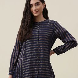 Fabindia Blue & Gold-Toned Cotton Striped Tunic-image-55