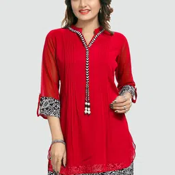 Saree Swarg Red & Black Mandarin Collar Printed Tunic-34
