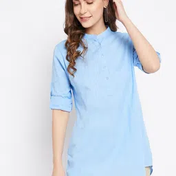 Bitterlime Women Blue Mandarin Collar Tunic-image-49