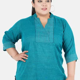 Indietoga Green Yoke Design Mandarin Collar Plus Size Cotton Linen Tunic-image-81