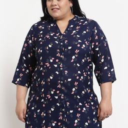 plusS Plus Size Women Navy Blue & Pink Mandarin Collar Printed Tunic-image-87