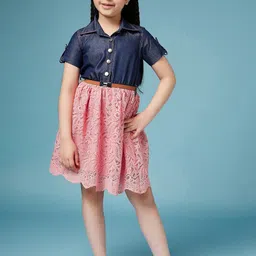 pspeaches Girls Laced Floral Denim Shirt Dress-50