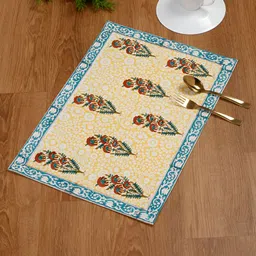 TARAN LIVING  Yellow & Blue 4 Pieces Ethnic Motifs Printed Cotton Table Placemats-18