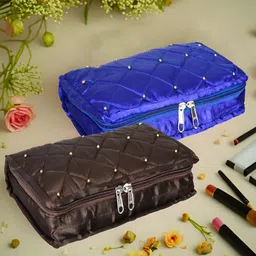 Kuber Industries Blue & Brown 2 Pieces Textured Satin Jewellery Organisers-9