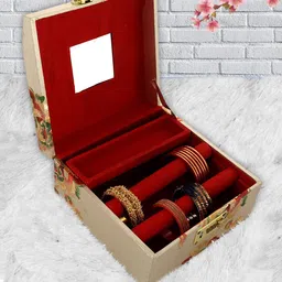 Kuber Industries Gold-Toned & Red Printed Wooden Bangle Storage Box With Number Lock System-24