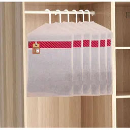 atorakushon Set of 6 Off White & Red Cotton Hanging Saree Covers-5