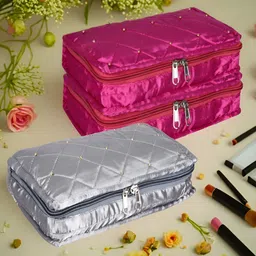 Kuber Industries Pink & Silver Toned 3 Pieces Textured Satin Jewellery Organisers-image-38
