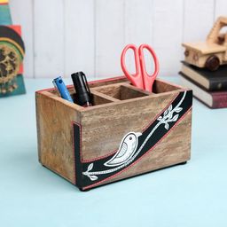 VarEesha Black & Brown Bird Printed Mango Wood Desk Organiser-29