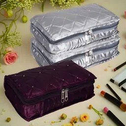 Kuber Industries Grey & Purple 3 Pieces Textured Satin Jewellery Organisers-2