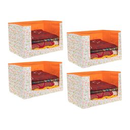 prettykrafts Set Of 4 White & Orange Leaves Printed Foldable Rectangle Cloth Saree Stacker Organisers-54