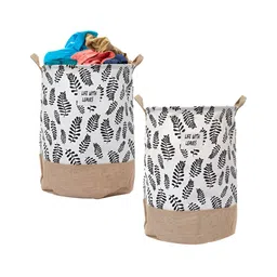 Kuber Industries Brown & White 2 Pieces Round Jute Foldable Laundry Bag-57