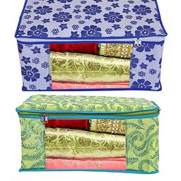 Home Fresh Green & Blue 2 Pieces Printed Saree Covers With Transparent Window-image-78