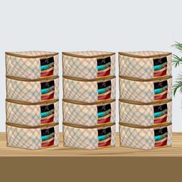 Kuber Industries Beige 12 Pieces Checked Foldable Non-Woven Multi-Utility Organisers-40