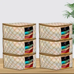 Kuber Industries Beige 6 Pieces Checked Foldable Saree covers-45