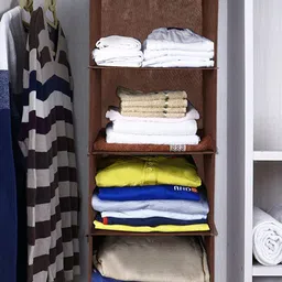 Kuber Industries Brown 2 Pieces Hanging 4 Shelves Foldable Wardrobe Organizer-2