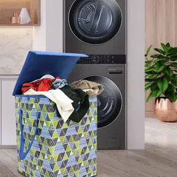 prettykrafts Blue & Green Printed Foldable Laundry Basket With Lid-image-88