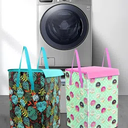 prettykrafts Set Of 2 Green Printed Foldable Laundry Basket With Lid-image-72