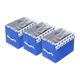 Kuber Industries Blue & White 3 Pcs Printed Foldable Storage Organiser With Lid-16