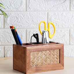 VarEesha Brown Rectangular Acacia Wood Desk Organiser-57