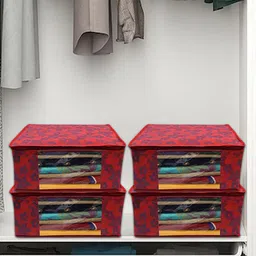 Kuber Industries Red 12 Pieces Floral Printed Foldable Non-Woven Multi-Utility Organisers-45