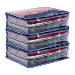 Kuber Industries 3 Pcs Grey & Transparent Satin Foldable Saree Covers With Zipper-14