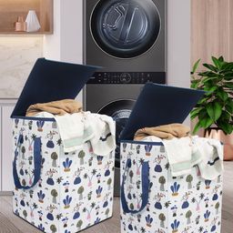 prettykrafts Set of 2 White & Navy Blue Mushroom Print Foldable Laundry Basket-17