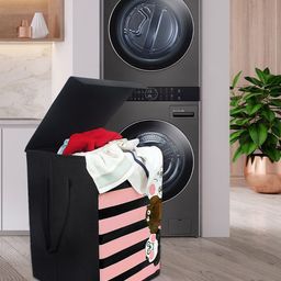 prettykrafts Pink & Black Striped Foldable Laundry Basket With Lid-53