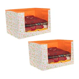 prettykrafts Set Of 2 Orange & White Leaf Printed Foldable Rectangle Saree Stacker Organisers-39