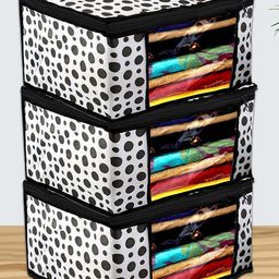 Kuber Industries White & Black 3 Pcs Polka Dot Printed Non Woven Fabric Saree Organizers-27