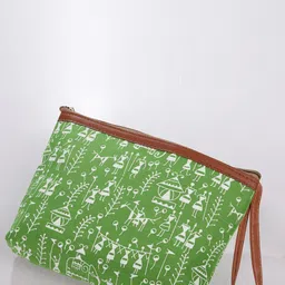 Kuber Industries 6-Pcs Green & White Warli Printed Canvas Travel Cosmetic Pouches With Handle-49