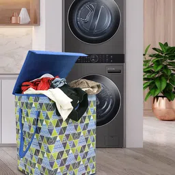 prettykrafts Blue & Green Printed Foldable Laundry Basket With Lid-80