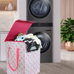 prettykrafts Pink & White Printed Foldable Laundry Basket With Lid-4