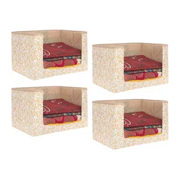 prettykrafts Set Of 4 Beige & White Leaves Printed Foldable Rectangle Cloth Saree Stacker Organisers-18