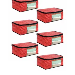 prettykrafts Set Of 6 Red Printed Saree Organisers With Transparent Window-0