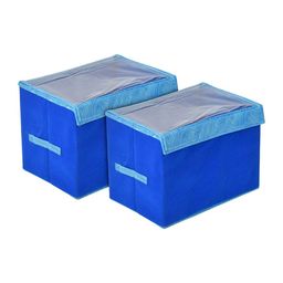 Kuber Industries Set Of 2 Blue Lehariya Printed Large Storage Box With Tranasparent Lid-4