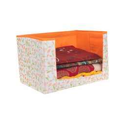 prettykrafts Set Of 4 White & Orange Leaves Printed Foldable Rectangle Cloth Saree Stacker Organisers image 4