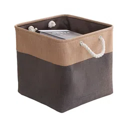 Kuber Industries Khaki & Brown Colourblocked Foldable Sqaure Storage Basket & Handle image 3