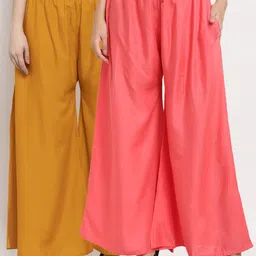 Miaz Lifestyle Women Pack of 2 Peach & Mustard Yellow Flared Palazzos-picture-8