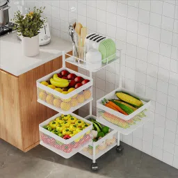 4-Tier Revolving Multipurpose Storage Rack with Wheels | White Iron Kitchen Trolley-51