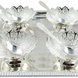 Silver 4 Louts Bowl | 4 Spoon & Tray | Box With Bag | For Dry Fruits, Snacks Bowl Serving Set-image-5