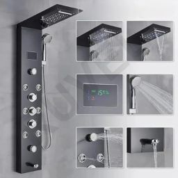 RUVEL AERIO 6 in 1 Tower Thermostatic System with Hydropowered LED Light + Digital Display & 6 Water Functions With Top Rainfall Water Outlet, Waterfall Outlet image 3
