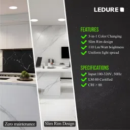 ledure Prime Led downlight 3-in-1 9W| Square LED Ceiling Color Changing Light Pack of 2 Ceiling Light Ceiling Lamp image 5